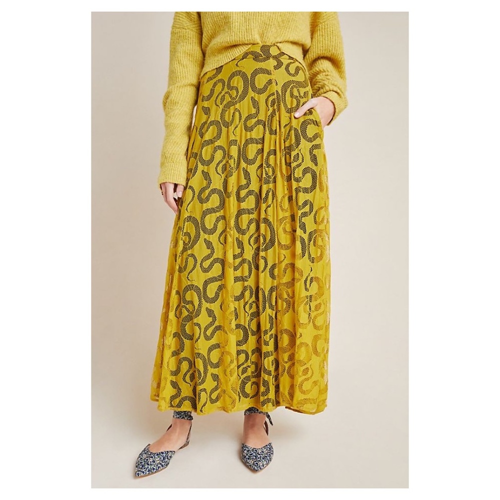 Eva Franco Anthropologue Maxi snake lace Yellow Skirt NWT fall sheer big wide - Picture 2 of 4